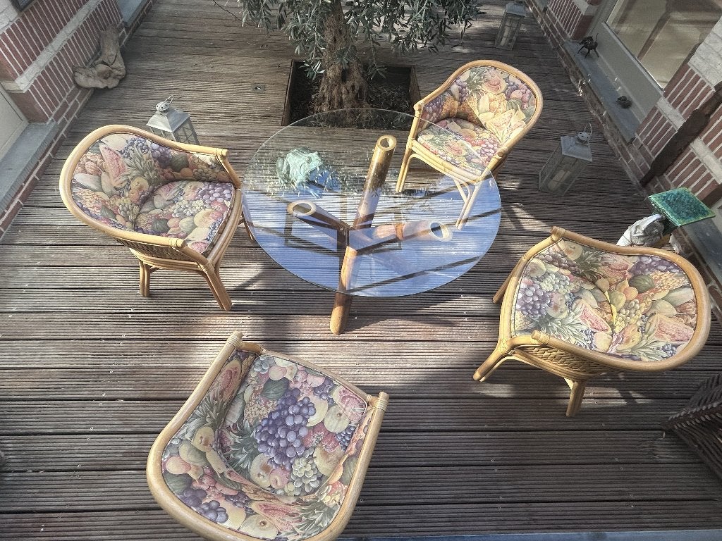 Bel ensemble impeccable 4 fauteuils et table bambou, Maison & Meubles, 50 – 75, Autres essences de bois, Rond, Comme neuf