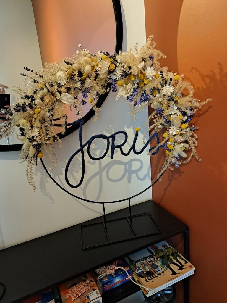 Unieke droogbloemenkrans met naam “Joris”, Ophalen of Verzenden, Geel