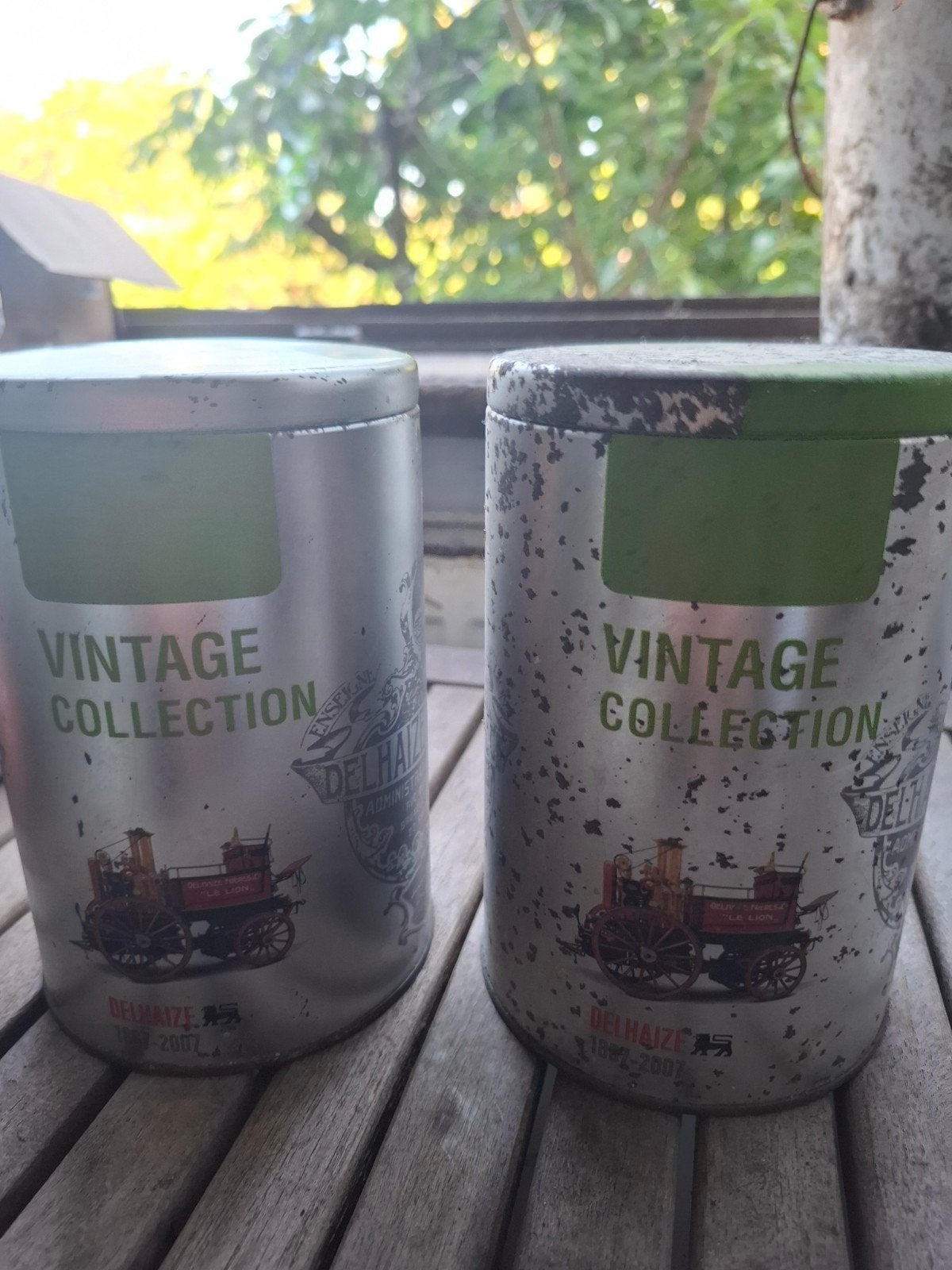 Blieken doos cilinder, vintage Delhaize., Verzamelen, Ophalen