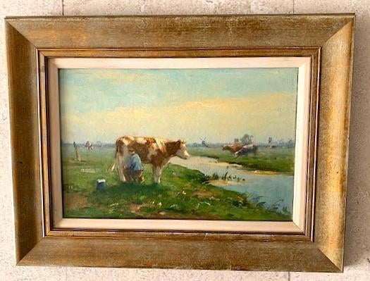 Boer melkt koe in ca. 1940 - Hollandse School, Antiek en Kunst, Ophalen of Verzenden