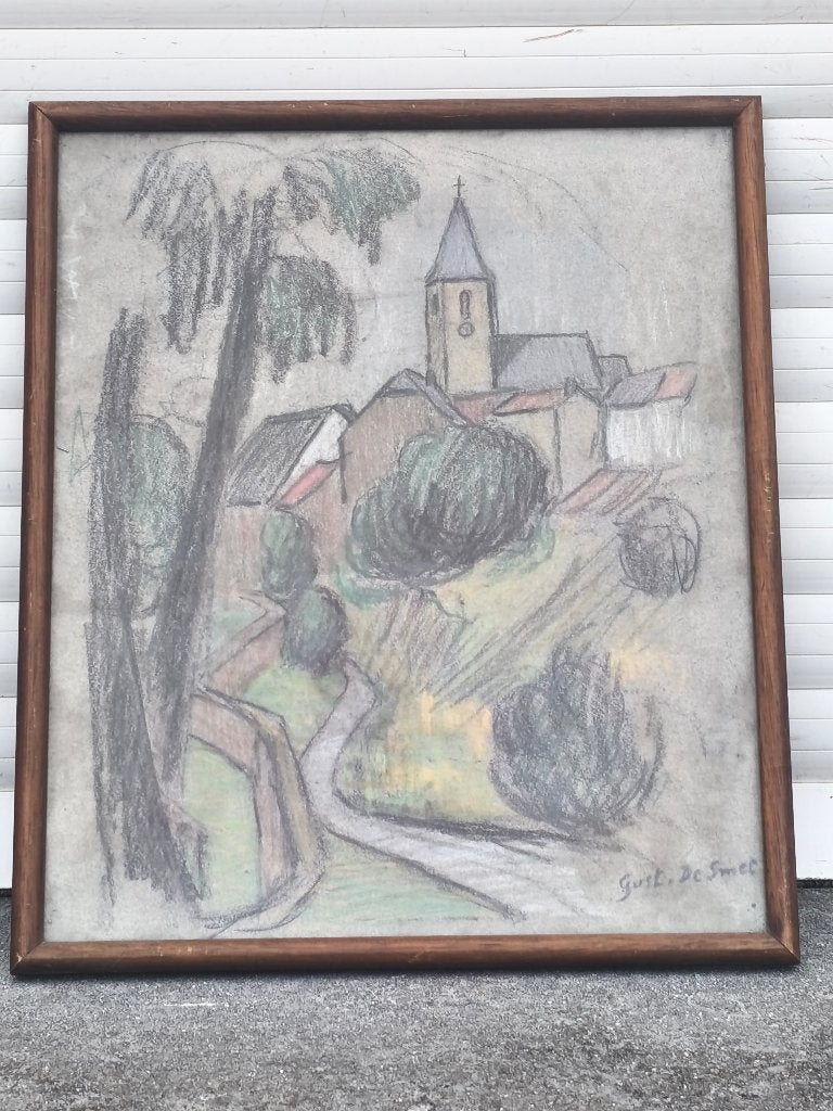 Pastel village signe Gustave de smet, Antiquités & Art, Art | Peinture | Classique, Enlèvement ou Envoi, Pastel