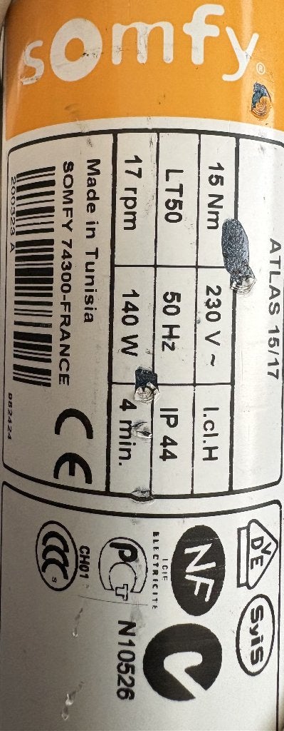 Somfy rolluik motor Atlas 15/17, Doe-het-zelf en Bouw, Ophalen, Gebruikt, Elektrische bediening, Minder dan 100 cm