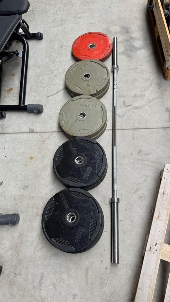 130kg Escape Bumperplates + Olympische Barbell, Ophalen, Gebruikt, Halterschijven