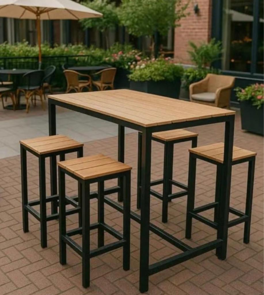 Hoge eet/bartafel met 4 stoelen, Tuin en Terras, Ophalen, 4 zitplaatsen, Eettafel, Aluminium
