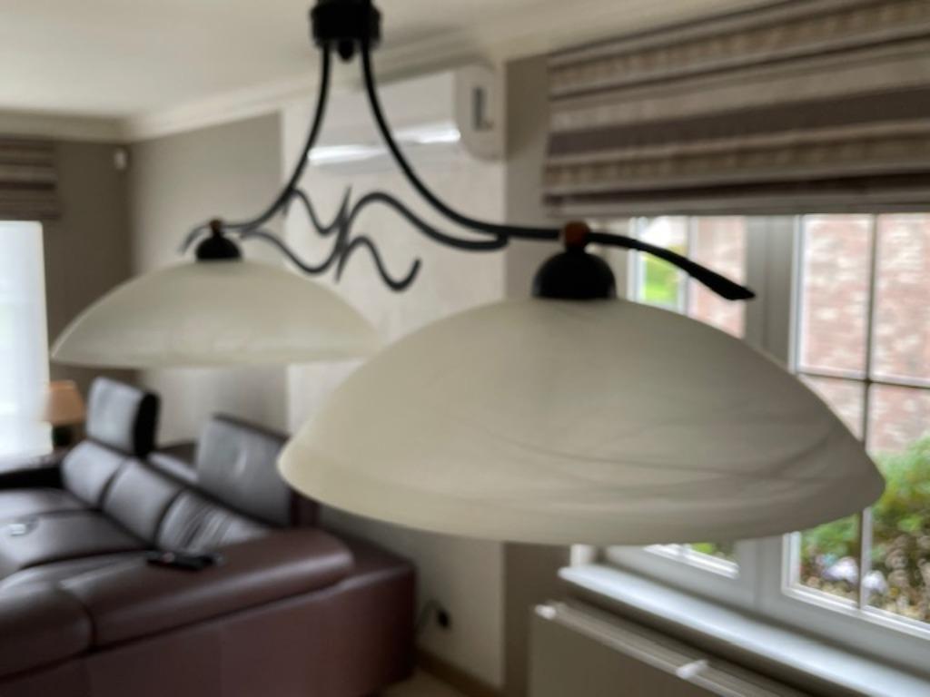 Moderne Albaster Hanglampen (3 stuks : dubbel + enkel), Ophalen, 50 tot 75 cm, Zo goed als nieuw, Eigentijds/Contemporain
