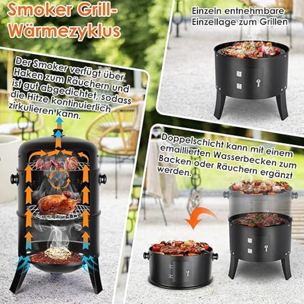 Rookoven 3-in-1 houtskool grill rookton + deksel thermometer, Ophalen, Nieuw