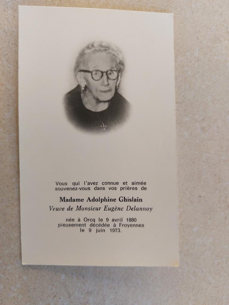 Bidprentje Orcq-Froyennes 1880-1973, Enlèvement ou Envoi, Image pieuse