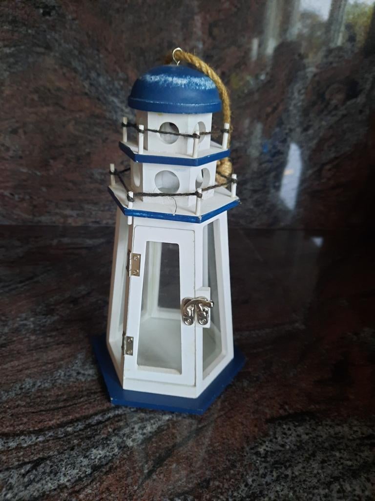 Houten vuurtoren, theelichthouder, nieuw, decoratie, Blauw, Nieuw, Ophalen of Verzenden, Kandelaar