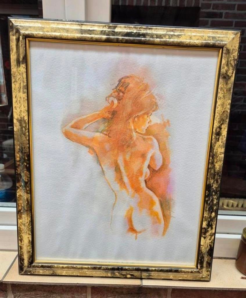 Grote Art nude watercolor kunst van Jose Gonzalez- getekend, Antiek en Kunst, Kunst | Schilderijen | Klassiek, Ophalen of Verzenden