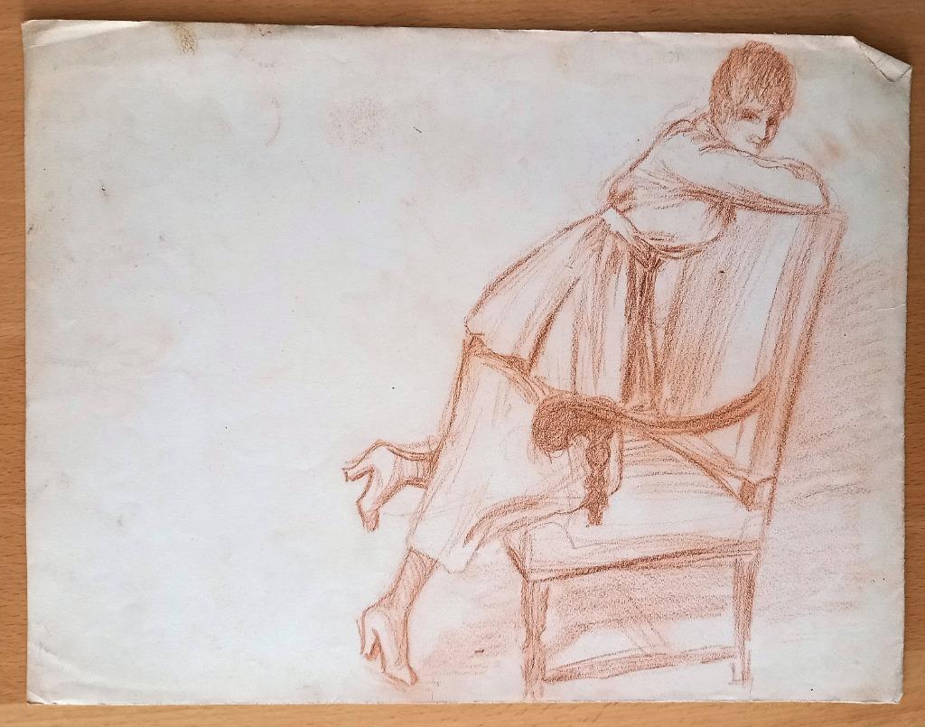 A493-31 Oude tekening vrouw knielend op stoel + stadgezicht, Enlèvement ou Envoi