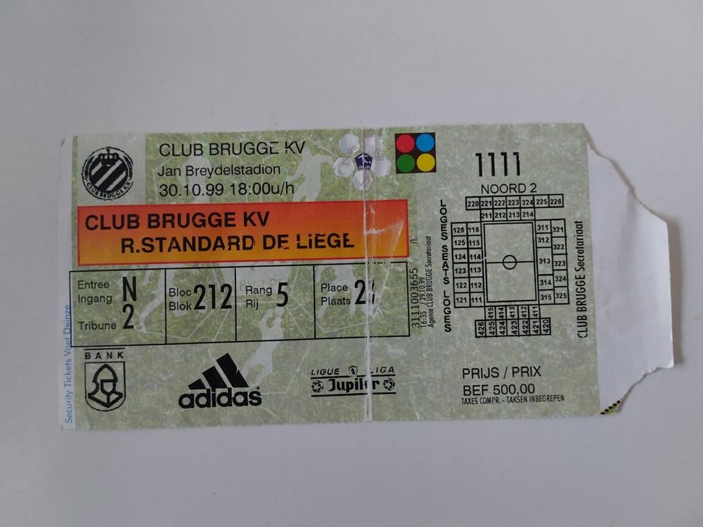 Billetterie Club Bruges Standard Liège 1999, Enlèvement ou Envoi, Comme neuf