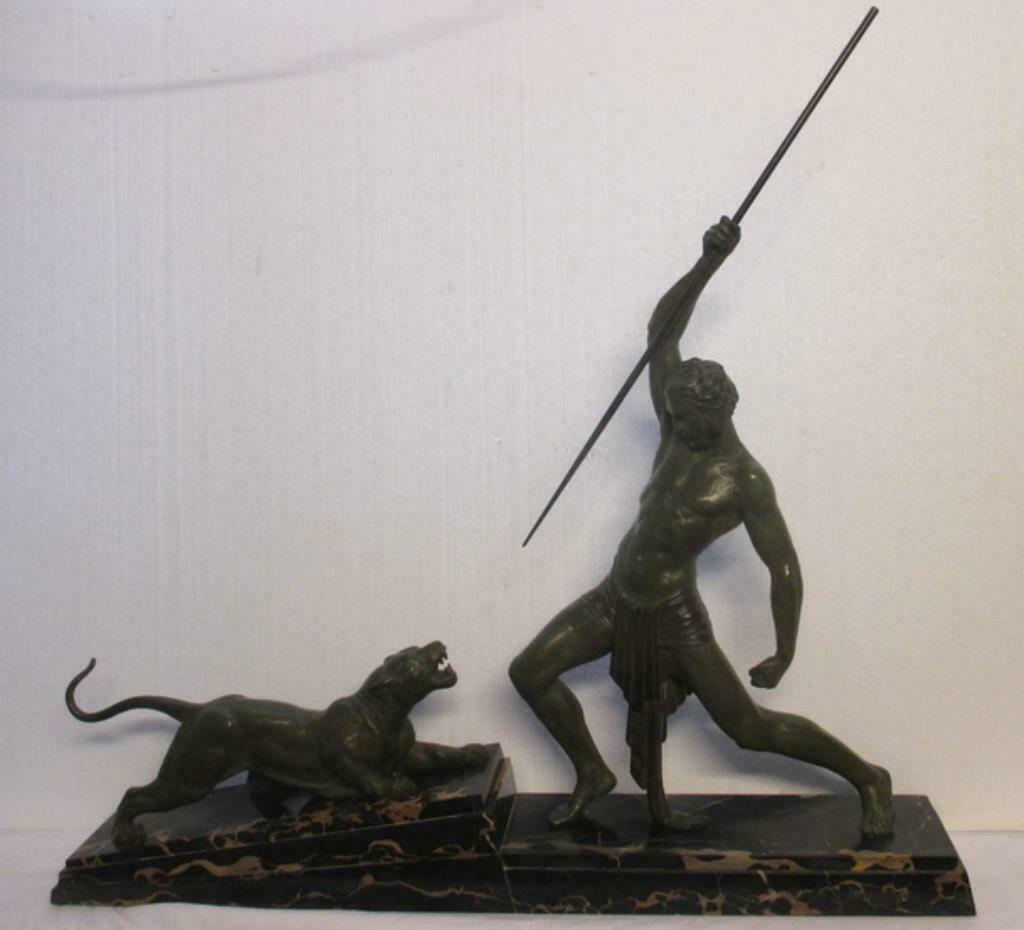 art deco beeld jager met speer & panter The Hunt DH Chiparus, Ophalen, Brons