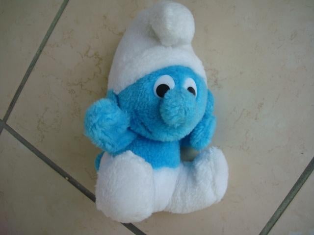 Peluche Schtroumpf: Bleu/blanc. Ancienne : 19cm, Verzamelen, Smurfen, Zo goed als nieuw, Poppetje, Figuurtje of Knuffel, Overige Smurfen