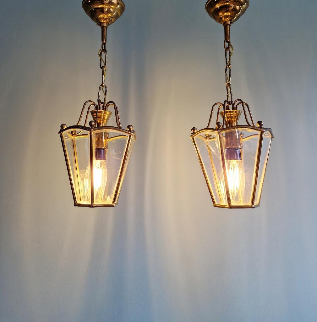 Paire de suspensions/lanternes en laiton et verre, 1950-60, Enlèvement ou Envoi