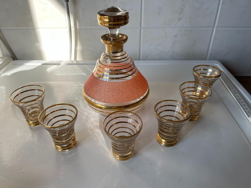 Vintage likeurfles met 6 likeurglaasjes uit Booms glas, Ophalen of Verzenden