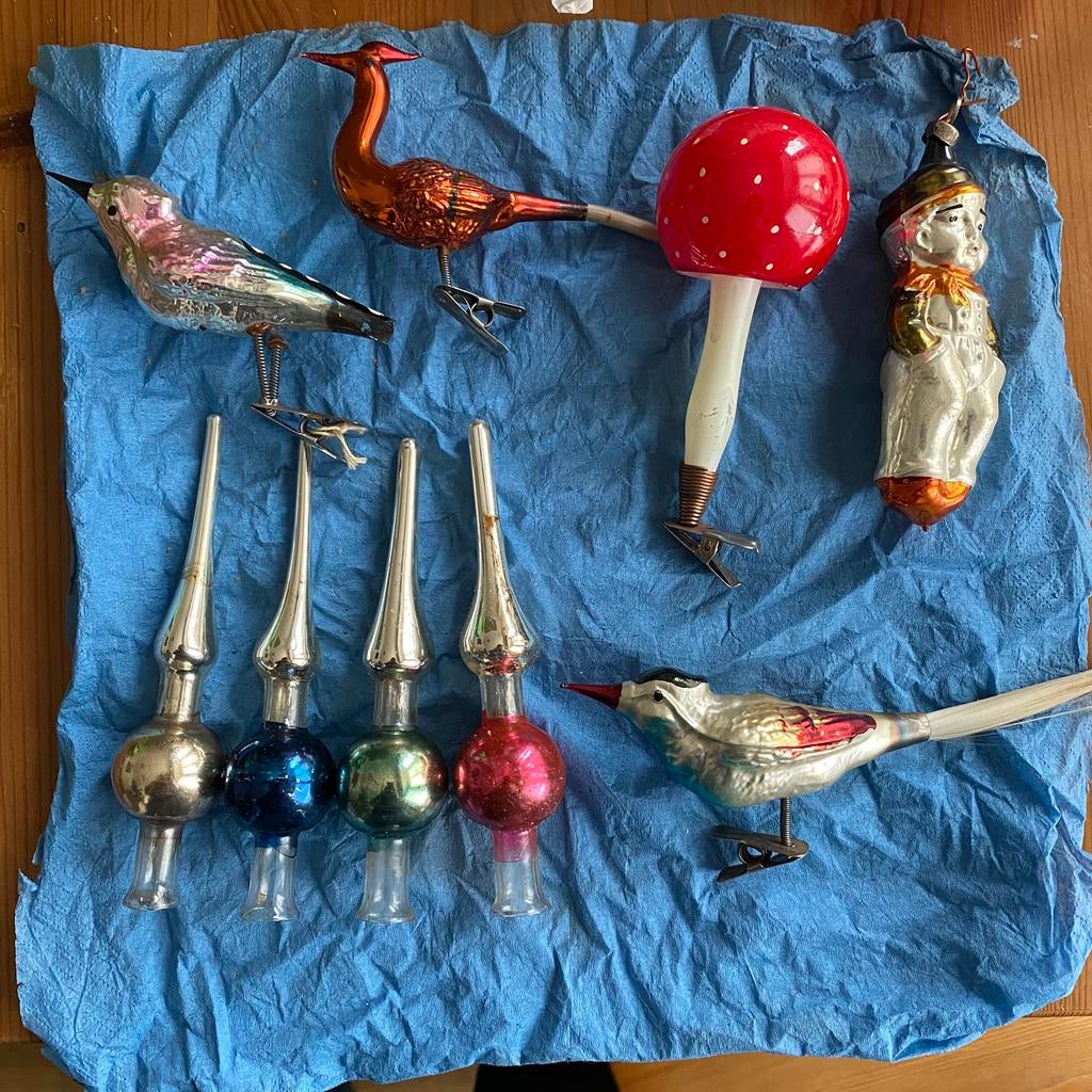Kerstballen, 4 Ajeko-spikes, vogel, paddenstoelen etc., Diversen, Kerst, Ophalen of Verzenden, Zo goed als nieuw