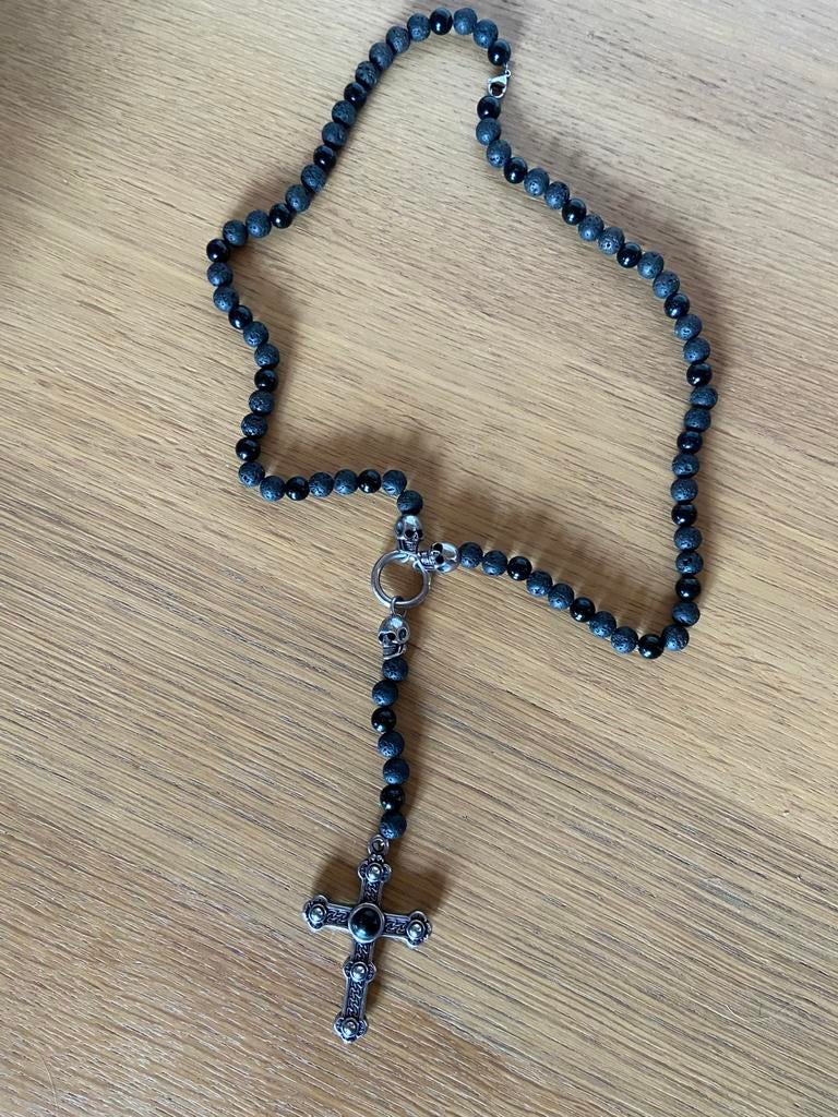 Schedelrozenkrans zwarte steen - vulkanisch, Ophalen of Verzenden, Nieuw, Sieraad, Christendom | Katholiek