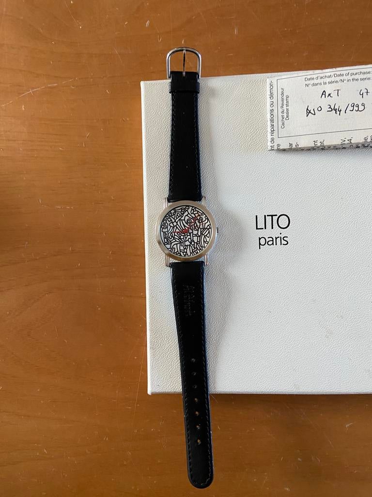 Kunsthorloge Keith Haring   Zwarte leder band, Overige merken, Overige materialen, Leer, Polshorloge