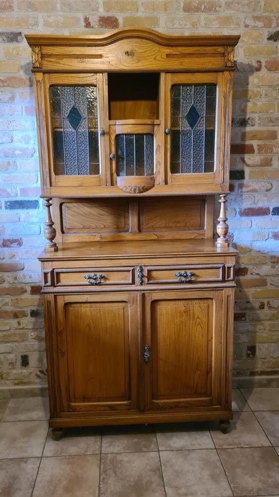 Antieke buffetkast met glas in lood raam, Ophalen, Gebruikt, Glas