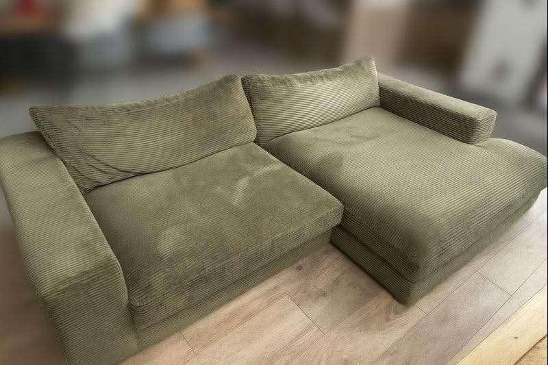 BOBOCHIC Canapé d'angle fixe compact LEONARD, 150 cm ou plus, Velours côtelé vert, Banc d'angle, Comme neuf