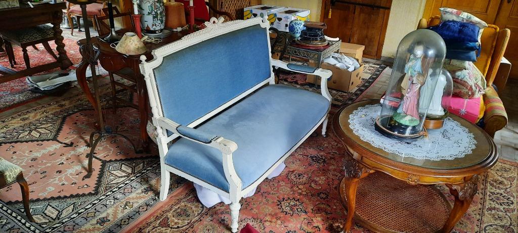 Salon met fauteuil in blauwe velours en 3 bijhorende stoelen, Ophalen, Gebruikt, Belle Epoque/Interbellum, Hout