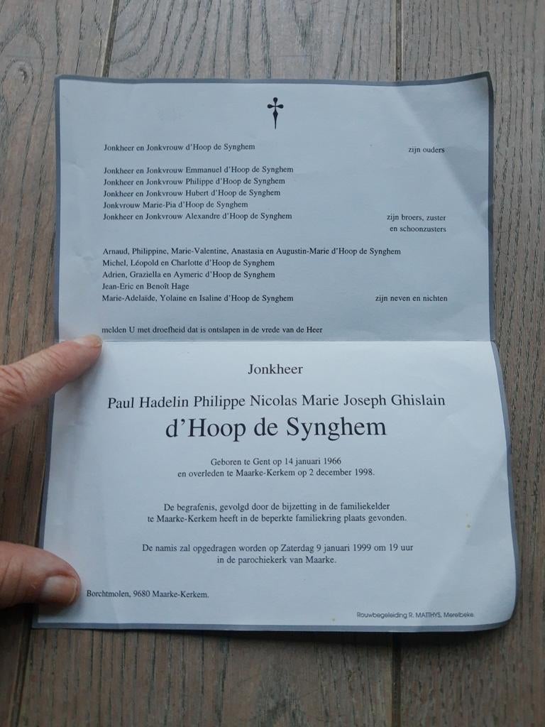 Overlijdensbericht 'jonkheer Paul d'Hoop de Synghem, 1966-98, Verzamelen, Bidprentjes en Rouwkaarten, Ophalen of Verzenden