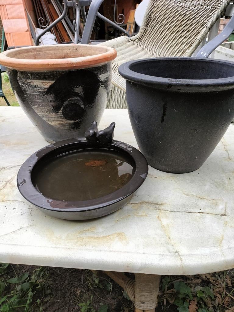 Geglazuurde  zwart vogeldrinkbak  was bad schaal, Tuin en Terras, Ophalen, Zo goed als nieuw, Terracotta