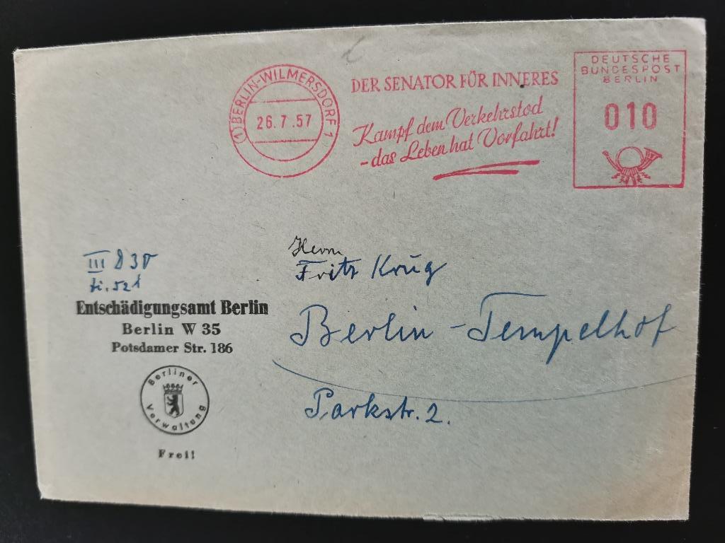 WO II vergoeding - Duitsland - Berlijn brief naar Fritz Krug, Ophalen of Verzenden, Overige soorten, Overige typen