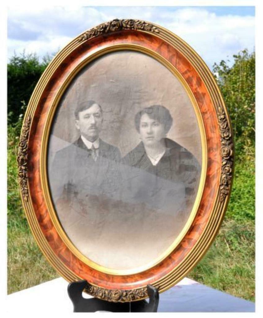 §ancien cadre oval bois or marbré  sculpté photo couple, Ophalen of Verzenden