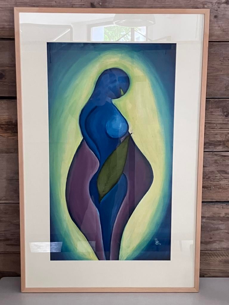 Acryl op papier, onleesbare signatuur, Ophalen of Verzenden
