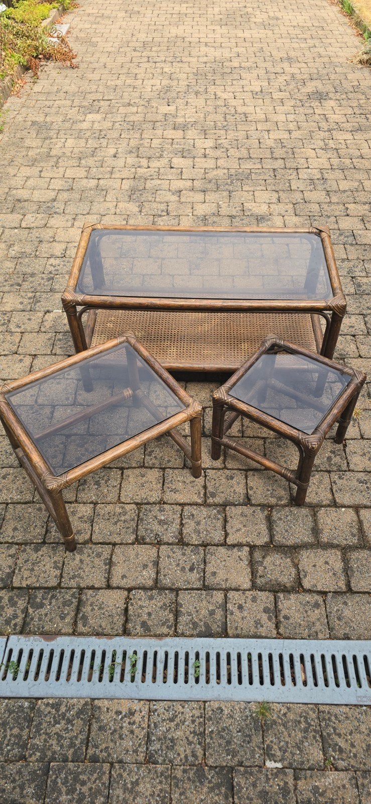 Ensemble vintage table basse + 2 tables d’appoint en rotin/b, Antiquités & Art, Enlèvement