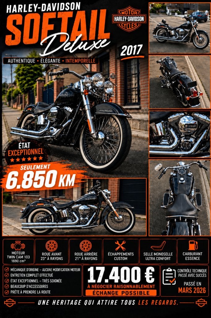 HARLEY-DAVIDSON SOFTAIL DELUXE 2017 6950km Echang, Motos, Occasion, Chopper, ABS, 2 cylindres