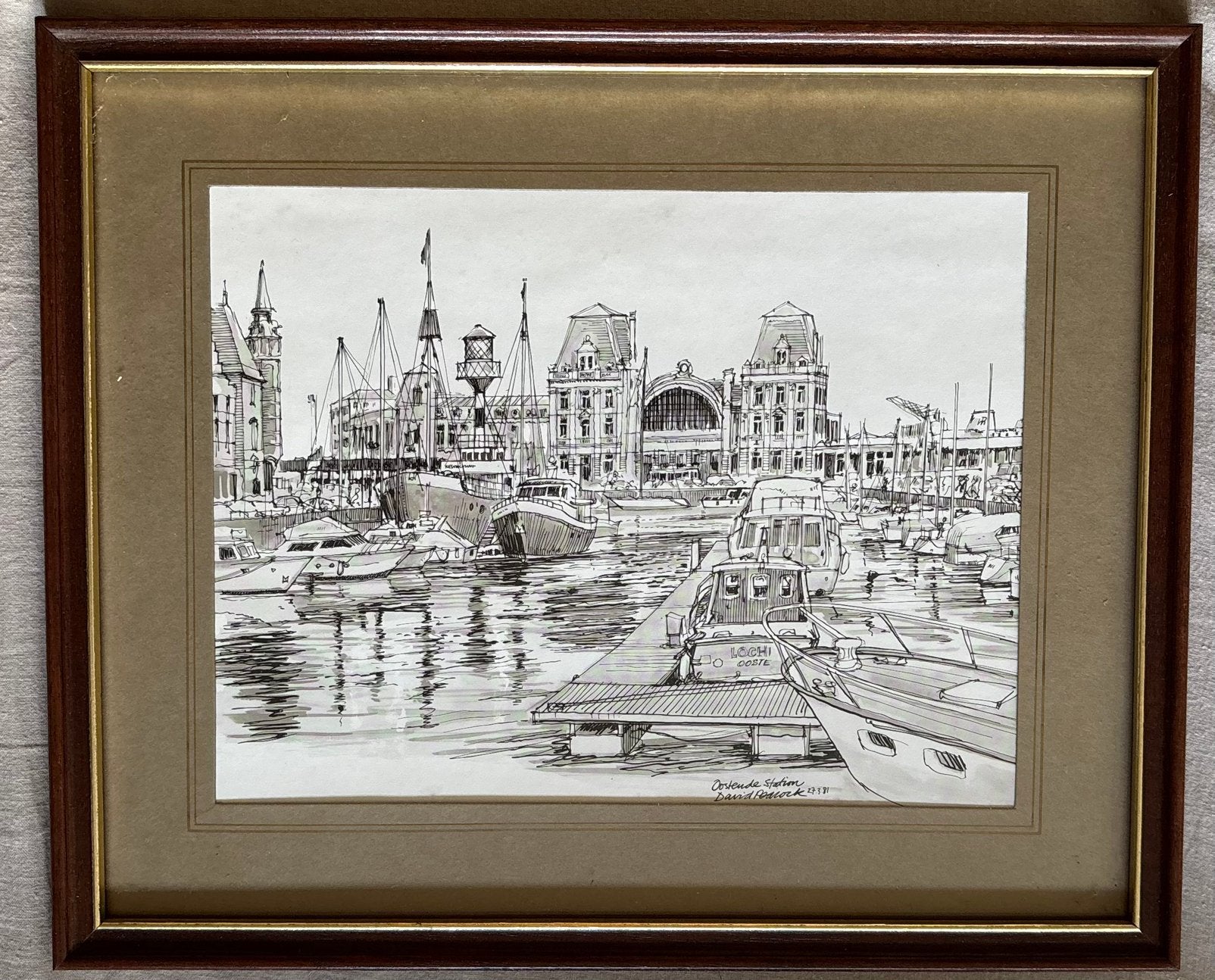 Originele pentekening "Oostende Station” David Peacock 1981, Antiek en Kunst, Kunst | Tekeningen en Fotografie, Ophalen of Verzenden