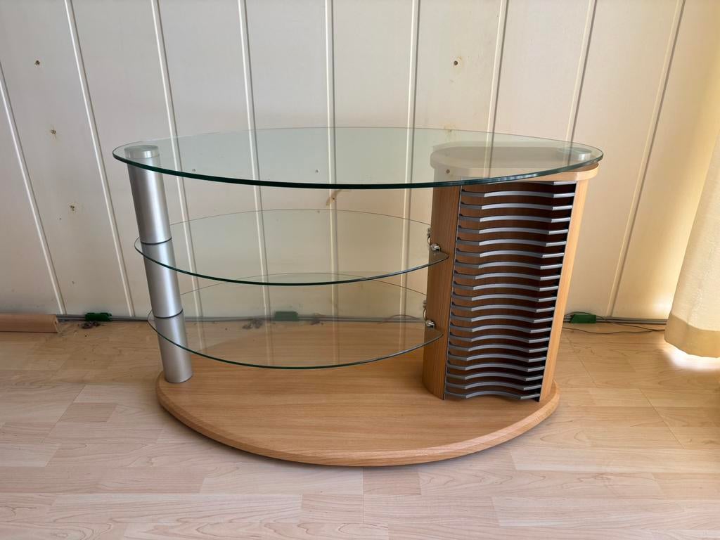 TV meubel uit glas en hout, Huis en Inrichting, Kasten |Televisiemeubels, Ophalen, Zo goed als nieuw, Teakhout, Minder dan 100 cm