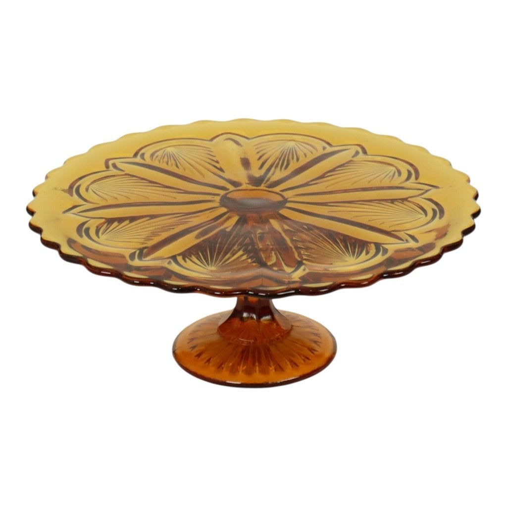 Art Deco Amber Taartschaal Gebak Schaal Geperst Glas 27cm, Antiek en Kunst, Ophalen of Verzenden