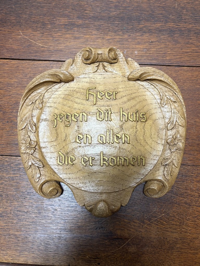 Antiek Houten Wandbord – Huiszegening, Houtsnijwerk, Ophalen of Verzenden, 20 - 50 cm, Beige