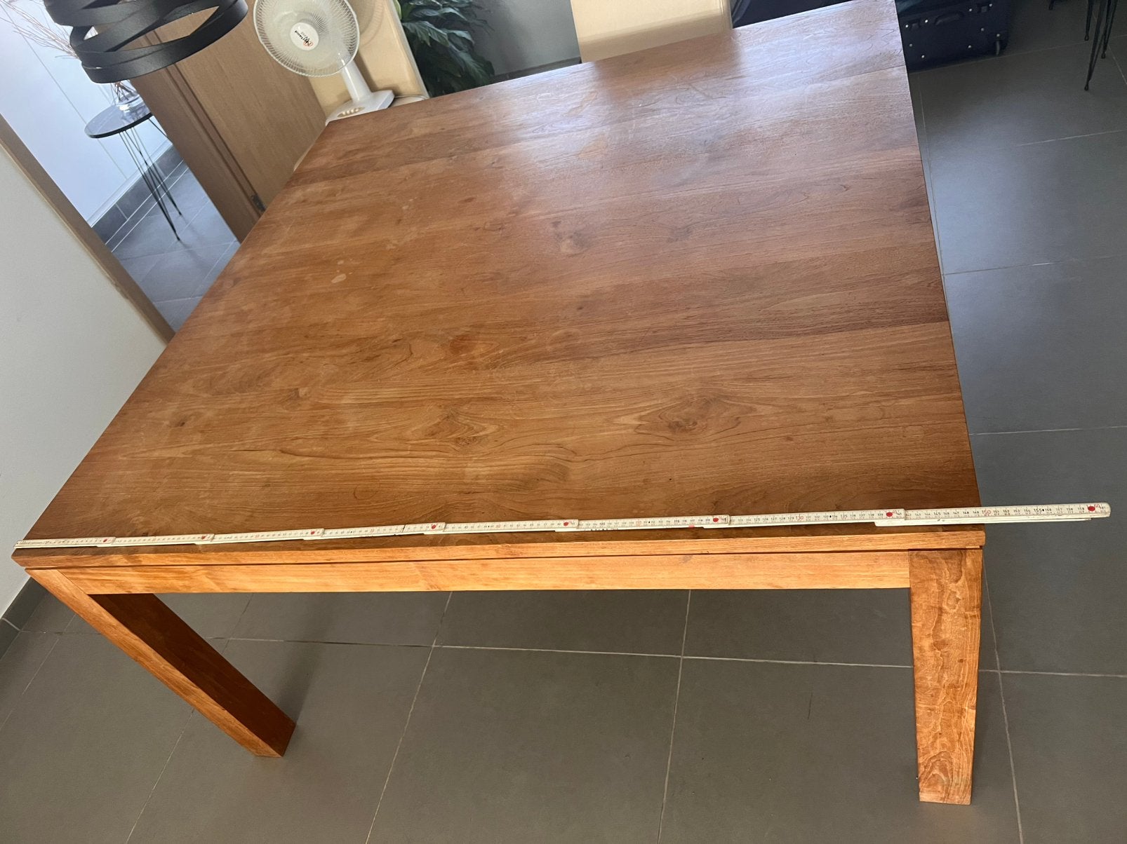 Vierkante eettafel teak, Huis en Inrichting, Ophalen, Gebruikt, 100 tot 150 cm, Vijf personen of meer