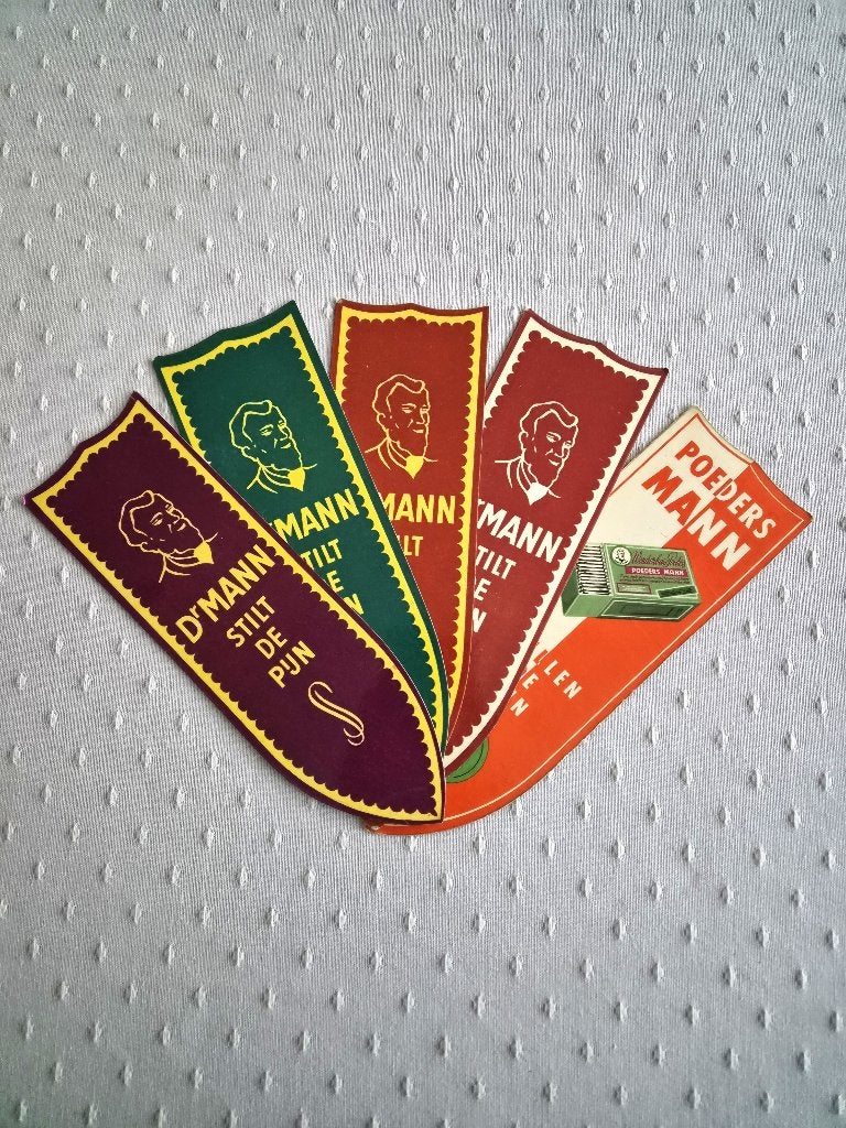 Unieke set (5x) vintage bladwijzers Dr. Mann – Jaren 60, Verzamelen, Boekenleggers, Ophalen of Verzenden, Zo goed als nieuw, Reclame