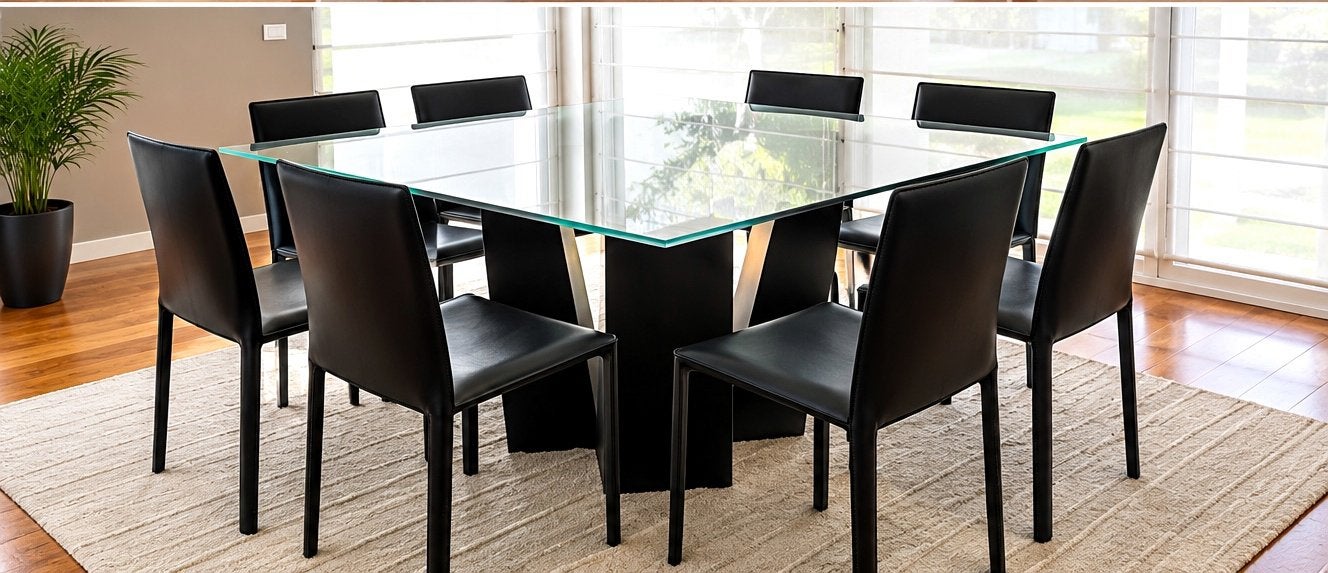 ❤️ Design glazen tafel met 8 leder stoelen, Huis en Inrichting, Ophalen, Gebruikt, Design, modern, chic, Vierkant