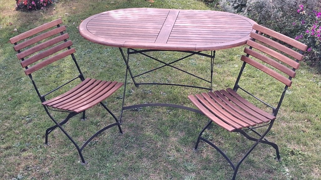 Table ovale pliante en Fer Forgé et Teck + 4 chaises, Jardin & Terrasse, Enlèvement, Utilisé, Ovale, Bois de teck