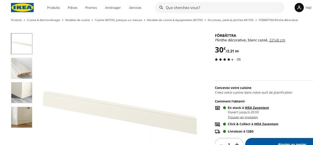Plinthes blanches Förbattra pour armoires Ikea– 221 x 8 cm, Bricolage & Construction, Neuf, 200 à 250 cm, Enlèvement, Plinthes