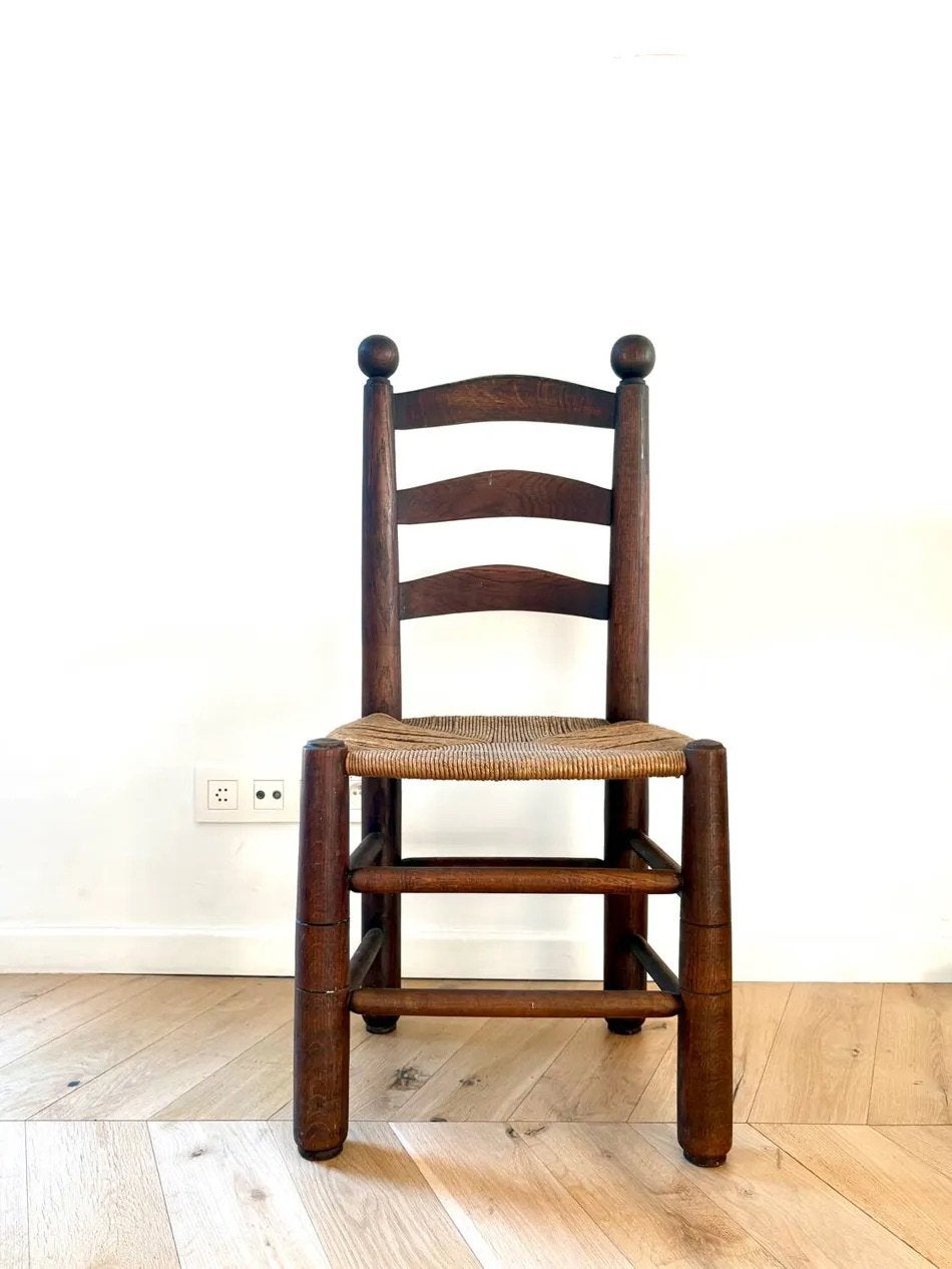 Set van 6 stoelen in massief hout/stro/Dudouyt-stijl, Ophalen of Verzenden, Gebruikt, Hout, Eén
