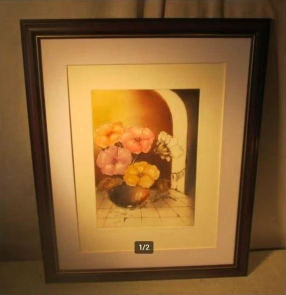 Belle lithographie « Fleurs en pot » - signée - 55x45, Enlèvement ou Envoi