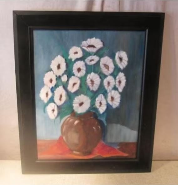 Mooi Geschilderd Werk 'Witte Bloemen in Pot' - 62x52, Bloemen, Doek, Origineel werk, Ophalen of Verzenden