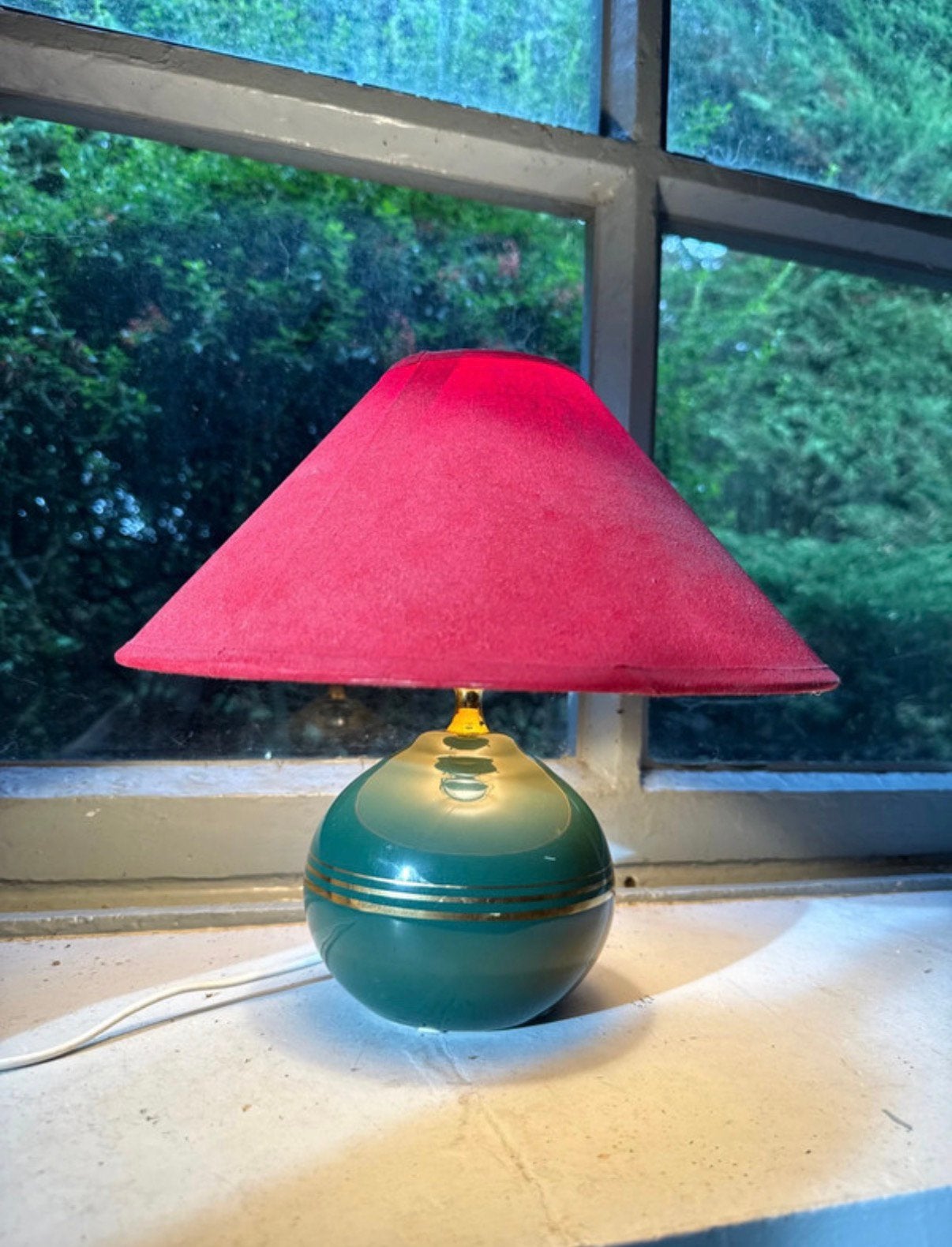 Vintage groene en gouden keramische nachtlamp met rode lamp, Antiek en Kunst, Ophalen