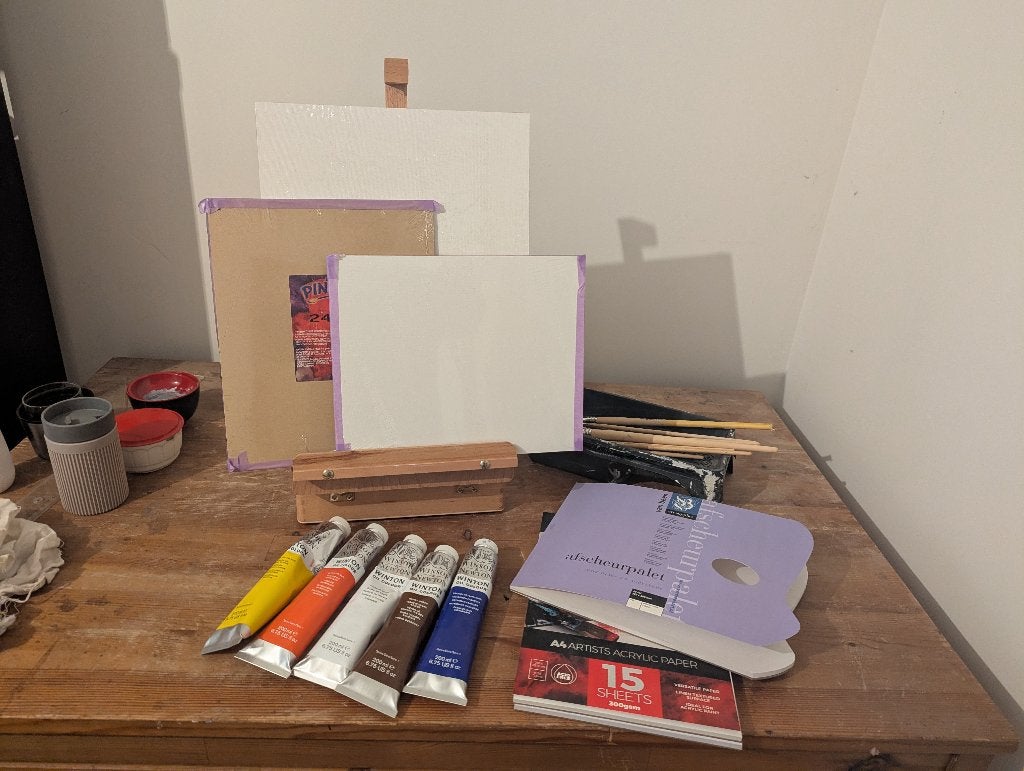 Schilderezel en starter olieverf set - paar keer gebruikt, Hobby en Vrije tijd, Ophalen, Zo goed als nieuw, Olieverf