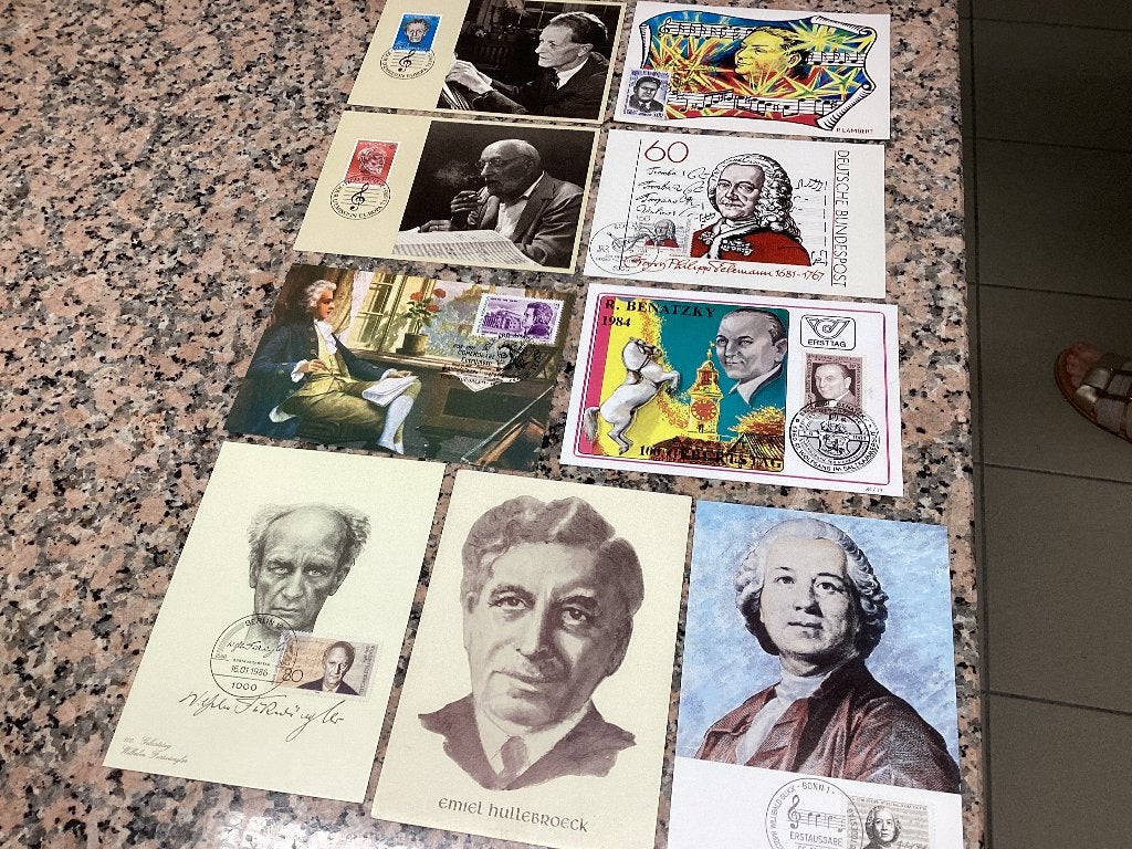 Lot de 9 cartes postales, musique, estampage spécial, Enlèvement ou Envoi, 1980 à nos jours, Musique