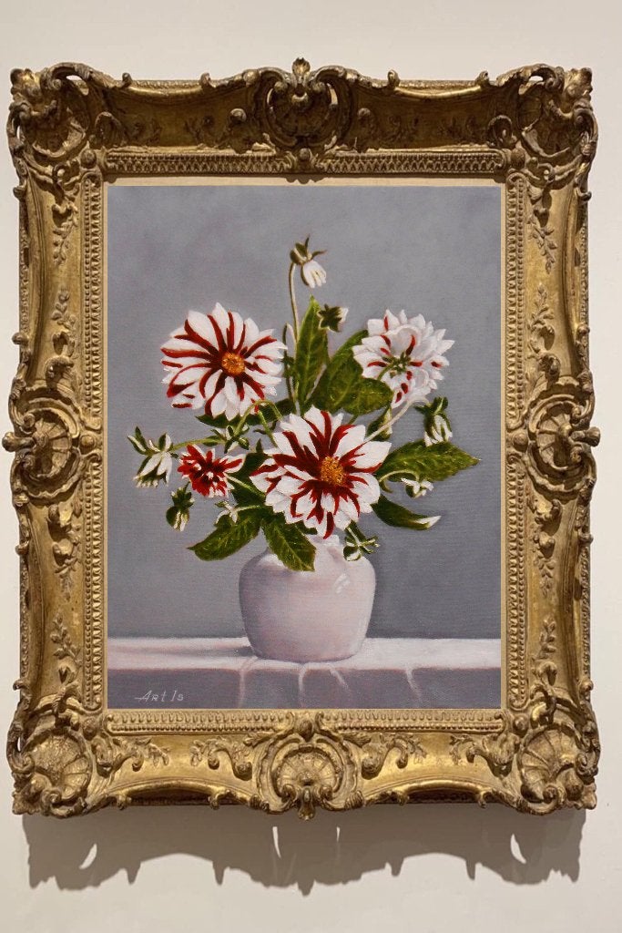 Peinture « Vase de dahlias », Antiquités & Art, Textile, Peinture à l'huile, Fleurs, Certificat d'authenticité