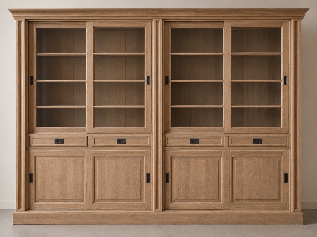 Prachtige massief licht eiken buffet-vitrinekast, 200 cm ou plus, Comme neuf, Landelijk, Enlèvement