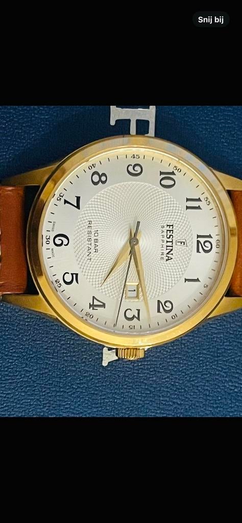 Prachtige Nieuwe Festina Saffier Glas Compleet in de doos, Leer, Staal, Polshorloge, Nieuw